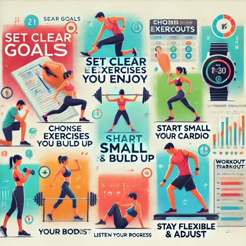 DALL·E 2025-03-12 22.06.40 - A motivational fitness infographic displaying key steps to build an effective workout routine. The image includes_ 1) A person writing fitness goals u
